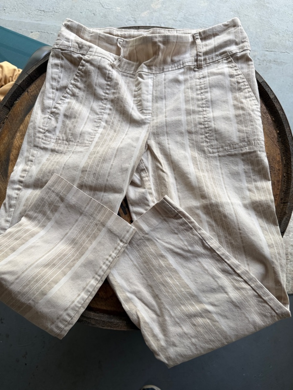 Soho Apparel Cream and Tan Striped Capris